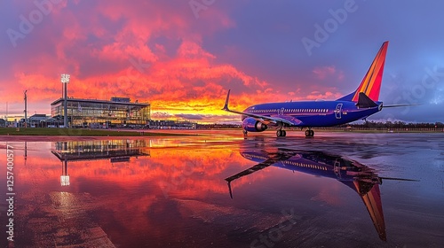Southwest Airlines 737 at Sunset with Airport Reflection
