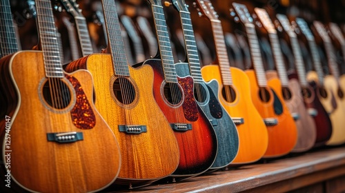 Acoustic guitars displayed in music store, various colors and types