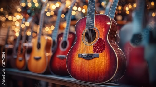 Acoustic guitars displayed in a shop window at night