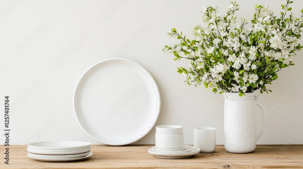 White tableware and spring blossoms on wooden table, minimalist home decor White tableware and spring blossoms on wooden table, minimalist home decor