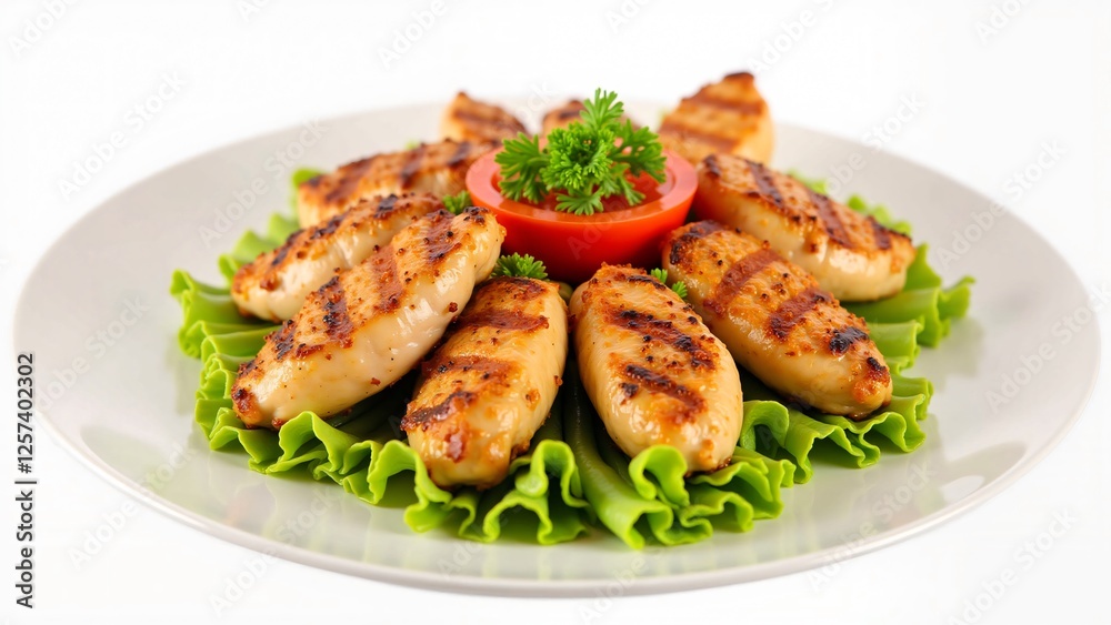 Grilled Chicken Breast Nuggets with Lettuce and Tomato Garnish Grilled Chicken Breast Nuggets with Lettuce and Tomato Garnish