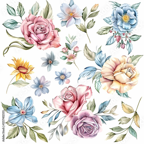 Illustration of Roses, Sunflowers, and Blue Wildflowers Bouquet