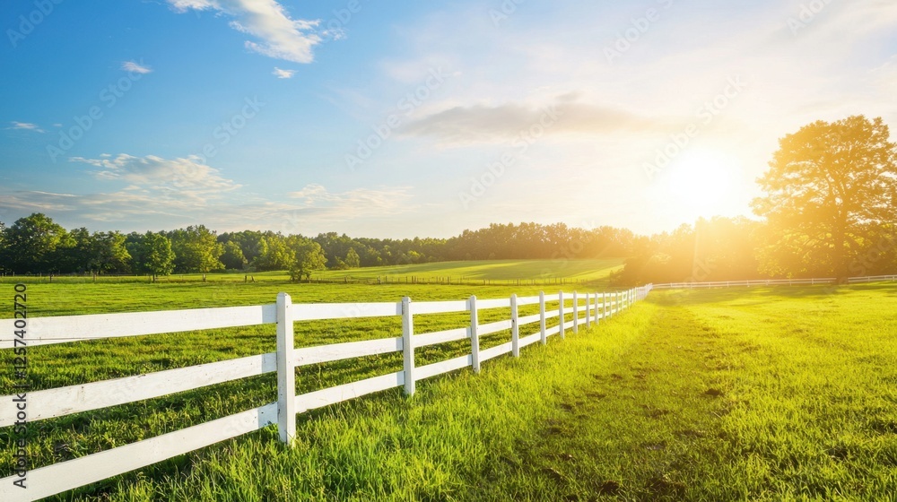 Fototapeta premium A sun-kissed green field reaches a white fence under an uninterrupted blue sky, evoking calm and balance.