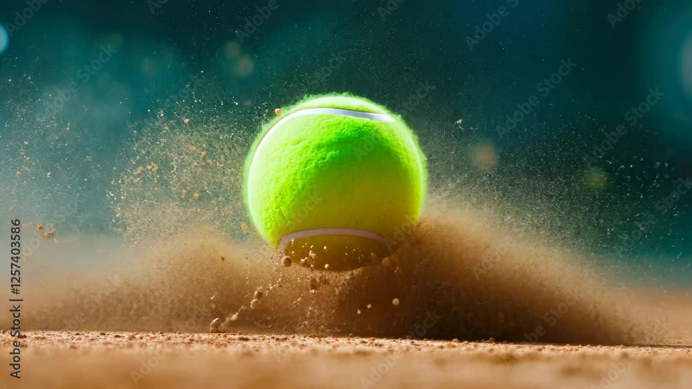 Tennis ball bouncing on clay court creating dust cloud