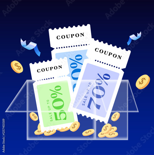 Minimal flat coupons inside a transparent envelope, isolated on dark background with golden coins flying around. Flat gift voucher banner template with coupon code and confetti. Vector illustration