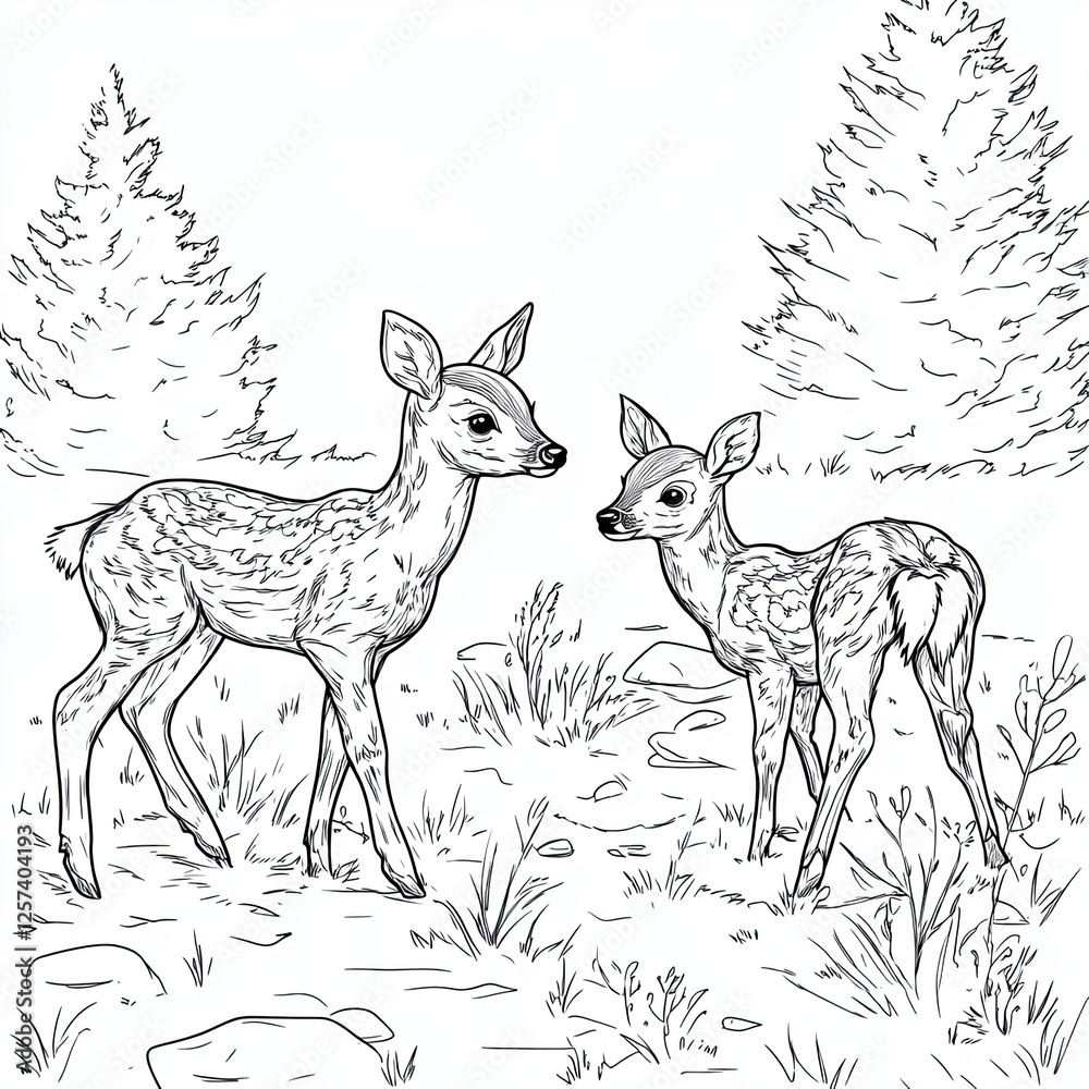 Adorable Fawns Frolicking in a Sun Drenched Meadow Simple Coloring Page Illustration Adorable Fawns Frolicking in a Sun Drenched Meadow Simple Coloring Page Illustration