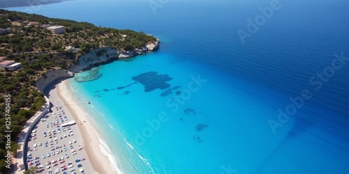 Fototapeta Naklejka Na Ścianę i Meble -  Spectacular aerial view of Platis Gialos and Makris Gialos beaches on Kefalonia Island, Greece, near Lassi Argostoli, relaxation, Kefalonia Island, Platis Gialos