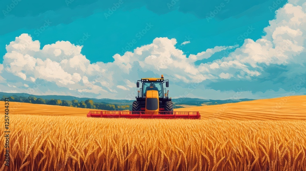 Obraz premium A vibrant scene of a tractor harvesting golden wheat under a bright blue sky with fluffy clouds, showcasing the beauty of agricultural landscapes.