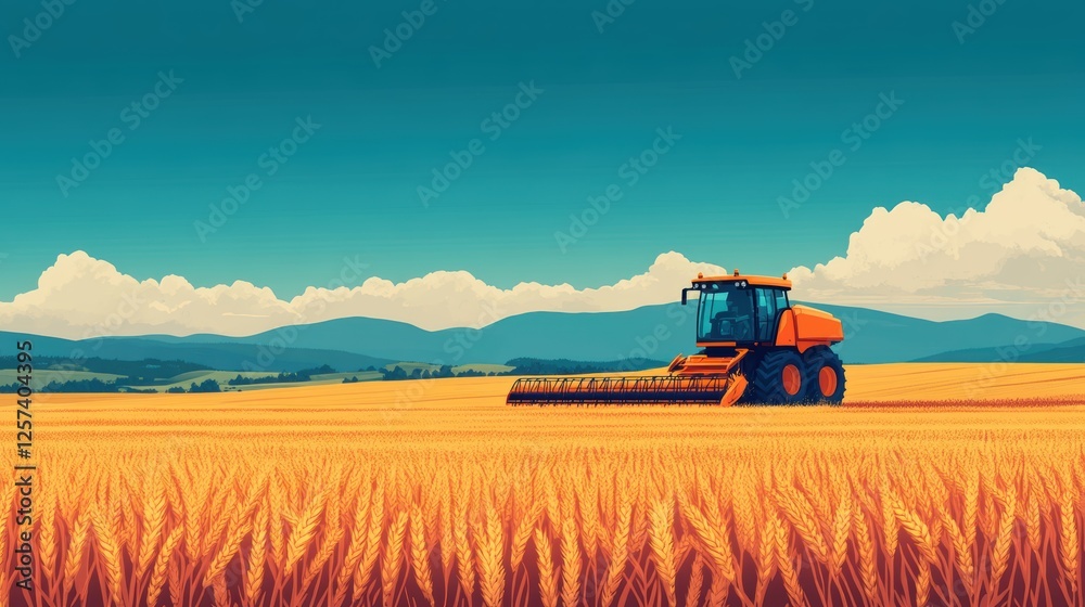 Fototapeta premium A vibrant landscape featuring a tractor harvesting wheat in a golden field under a clear blue sky with distant mountains.