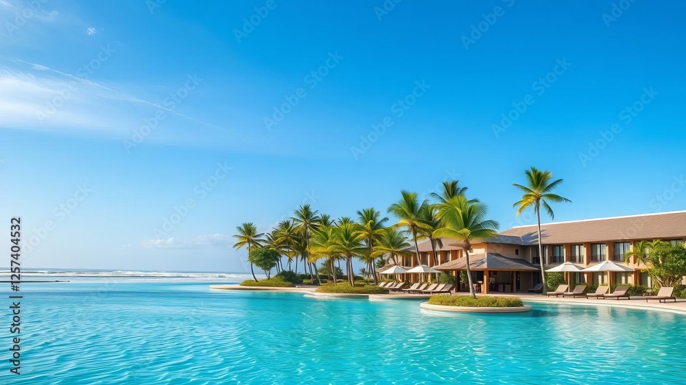 Fototapeta premium Tropical paradise beach with crystal clear swimming pools surrounded by lush coconut palms, resort, turquoise water, vacation