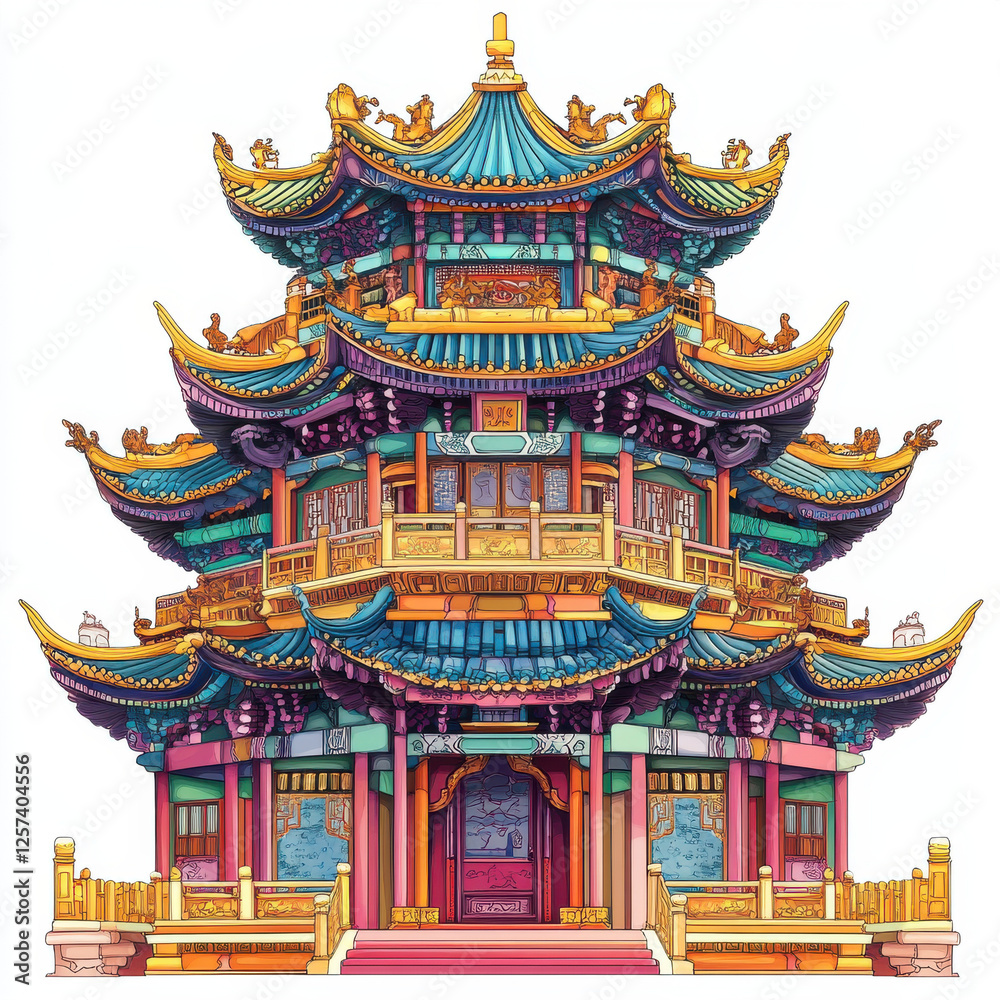 Fototapeta premium Colorful traditional architecture with intricate details and ornate roof