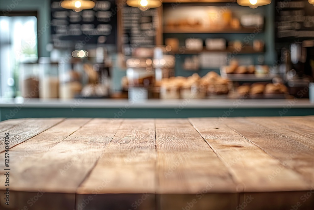 Rustic wooden table, cafe background, bakery display, food, advertising Rustic wooden table, cafe background, bakery display, food, advertising