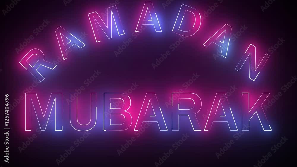 Glowing neon text RAMADAN MUBARAK animation, Neon Ramadan Kareem Motion Graphic with Glitter and Shining Stars , Ramadan Mubarak,  mosque building background, Vertical video animation, 