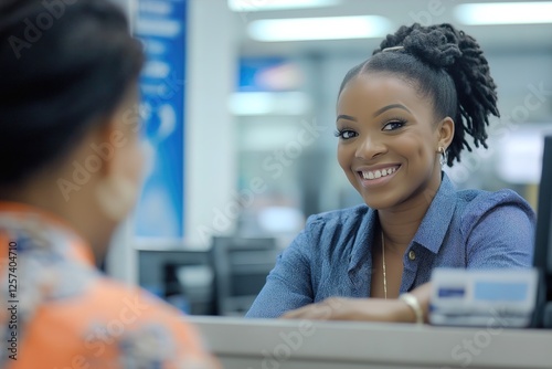 Friendly bank teller assists customer with a warm smile