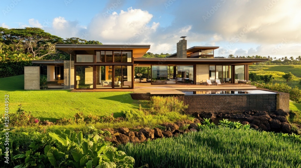 Modern hillside home, ocean view, sunset, lush landscaping, real estate