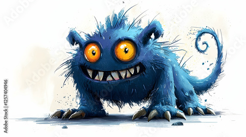 Illustration - Playful Blue Furry Monster with Big Eyes, Sharp Teeth, and Curly Tail
