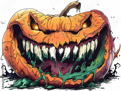 Illustration Spooky Halloween Pumpkin Slime Teeth Glowing Eyes
