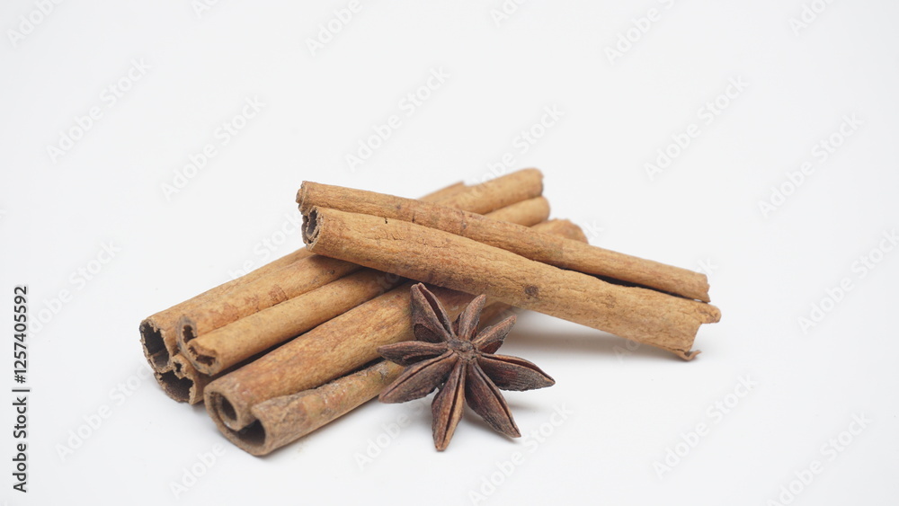 Cinnamon Rolls and Star Anise Spice Isolated on White Background