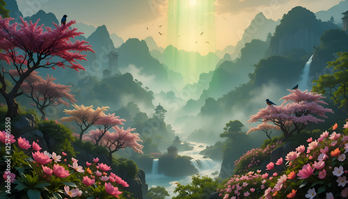 misty mountain scenery surrounded by colorful flowers. Ai generated image