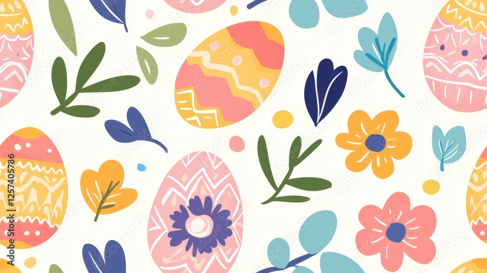 Boho pastel Easter elements seamless pattern concept. Colorful Easter eggs and flowers in a playful pattern design Boho pastel Easter elements seamless pattern concept. Colorful Easter eggs and flowers in a playful pattern design