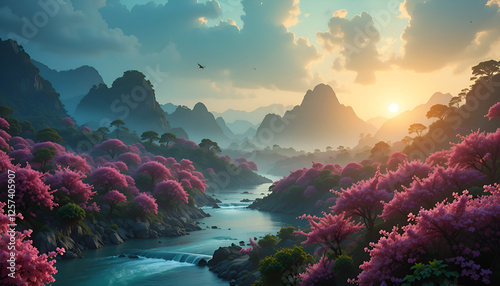 sunrise view with mountains and red trees. Ai generated image