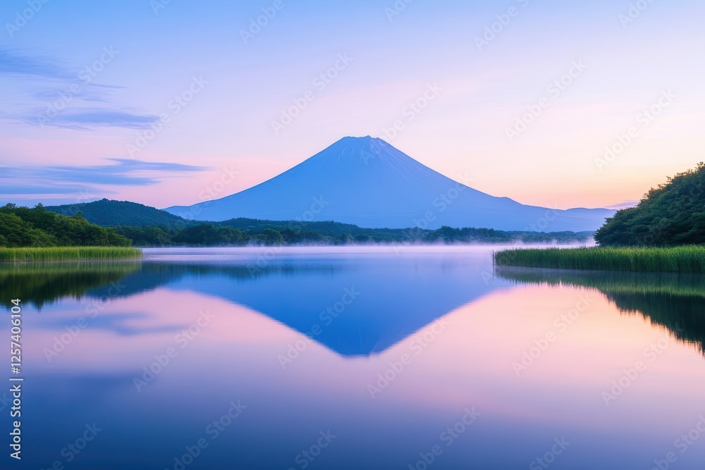 Mountain landscape with a serene lake in the foreground reflecting the sky and surrounding nature Mountain landscape with a serene lake in the foreground reflecting the sky and surrounding nature