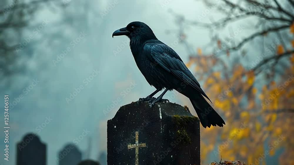 Lone Crow Resting on a Tombstone in a Misty Graveyard at Dawn