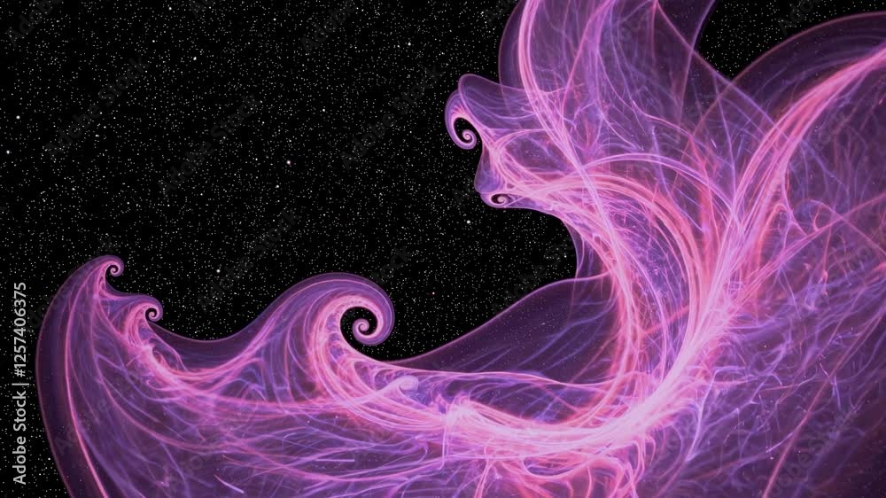 Abstract video art with swirling pink and purple fractals against a starry backdrop, captured from a dynamic, low-angle perspective.