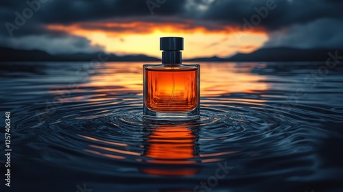 Amber perfume bottle on rippled lake water at sunset
