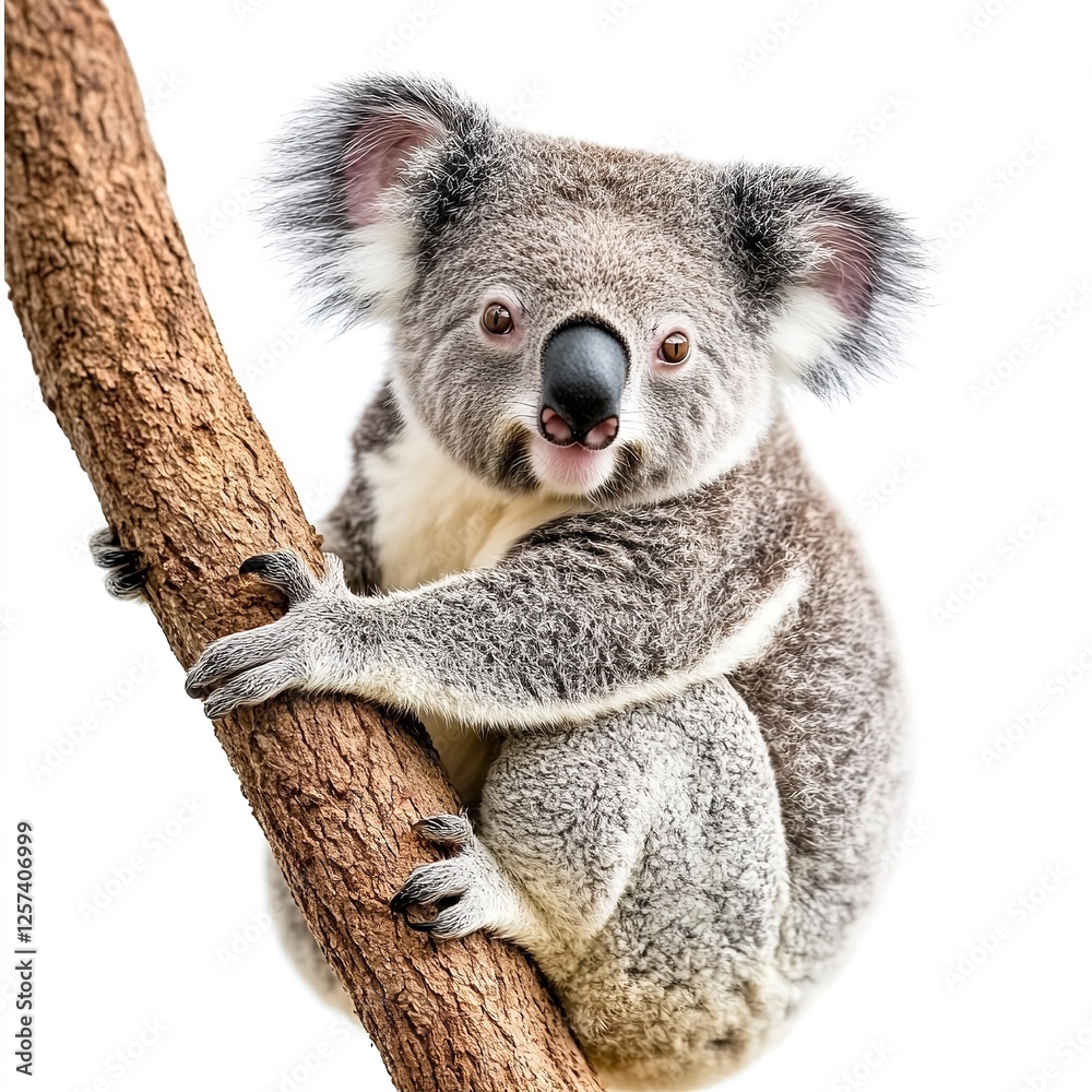 Obraz premium Adorable Koala Bear on Tree Branch Wildlife Photography Australian Animal Portrait Cute Fluffy Grey Fur Closeup Image White Background Fauna Sweet 
