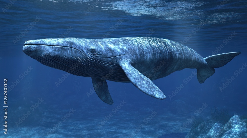 Naklejka premium A majestic whale swimming gracefully underwater in a serene ocean environment.