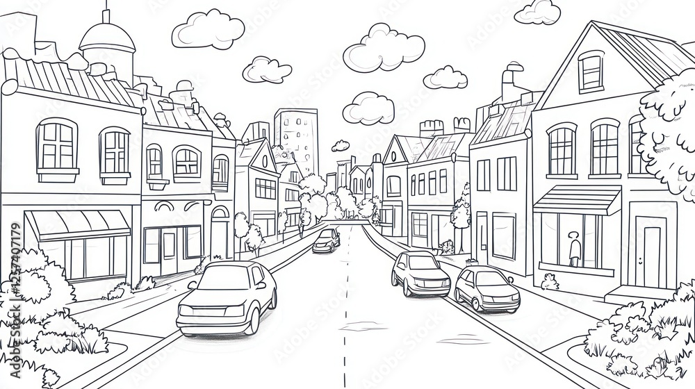 custom made wallpaper toronto digitalCity street scene, cars driving, houses, sunny day, coloring page