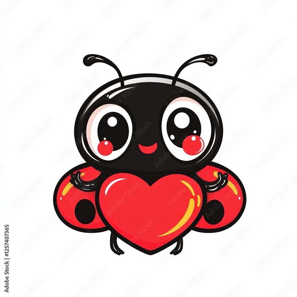 Obraz premium Adorable Cartoon Ladybug Holding Big Red Heart Lovely Cute Insect Character Illustration Design Perfect for Valentines Day Romantic Greeting Card Kids