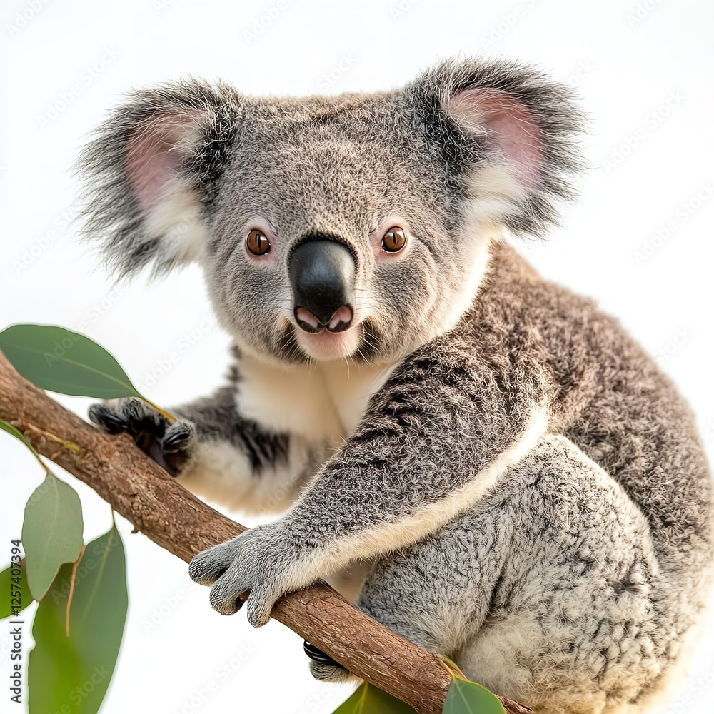Fototapeta premium Adorable Koala Bear on Eucalyptus Branch Wildlife Photography Australian Animal Cute Fluffy Gray Fur Wildlife Image Nature Closeup Portrait Tree Leaf 