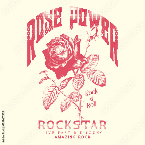Rose vintage music poster artwork. vintage read rose graphic, women's rock and roll t-shirt design, Read rose Flowers vector graphics, fashion woman print, girls graphics design for Rose flowers print