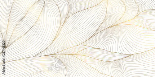 Vector golden leaves art deco pattern, flower line luxury motif, fancy nouveau nature background. Wavy japanese elegant wallpaper, foliage illustration