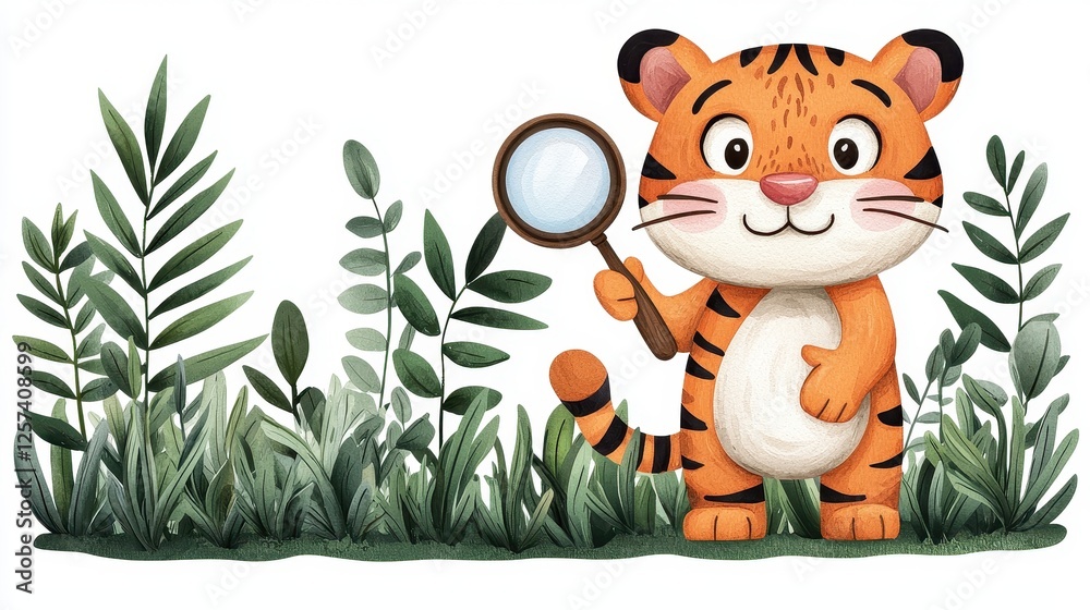 Fototapeta premium A cartoon tiger holding a magnifying glass stands among lush green leaves, exuding curiosity and a playful spirit.