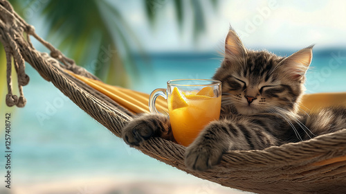 Lazy Cat Relaxing in Hammock with Fruit Punch Drink photo