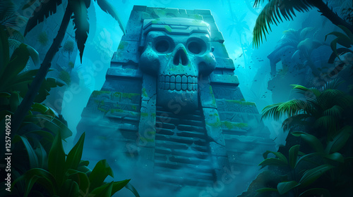 Jungle temple entrance with stone steps and skull. Inca temple entrance illustration. Mayan temple entrance illustration. Ancient Ruins Temple game background. Temple of death. 