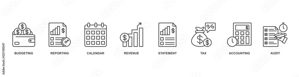 fiscal year banner web icon sheet vector illustration concept with icon of budgeting, reporting, calendar, revenue, statement, tax, accounting, audit fiscal year banner web icon sheet vector illustration concept with icon of budgeting, reporting, calendar, revenue, statement, tax, accounting, audit