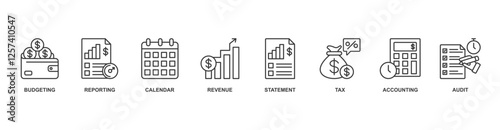 fiscal year banner web icon sheet vector illustration concept with icon of budgeting, reporting, calendar, revenue, statement, tax, accounting, audit