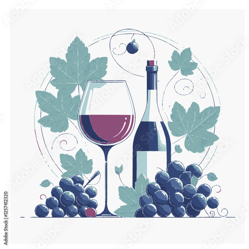 A minimalistic illustration of grapes and a glass of wine on a white background.