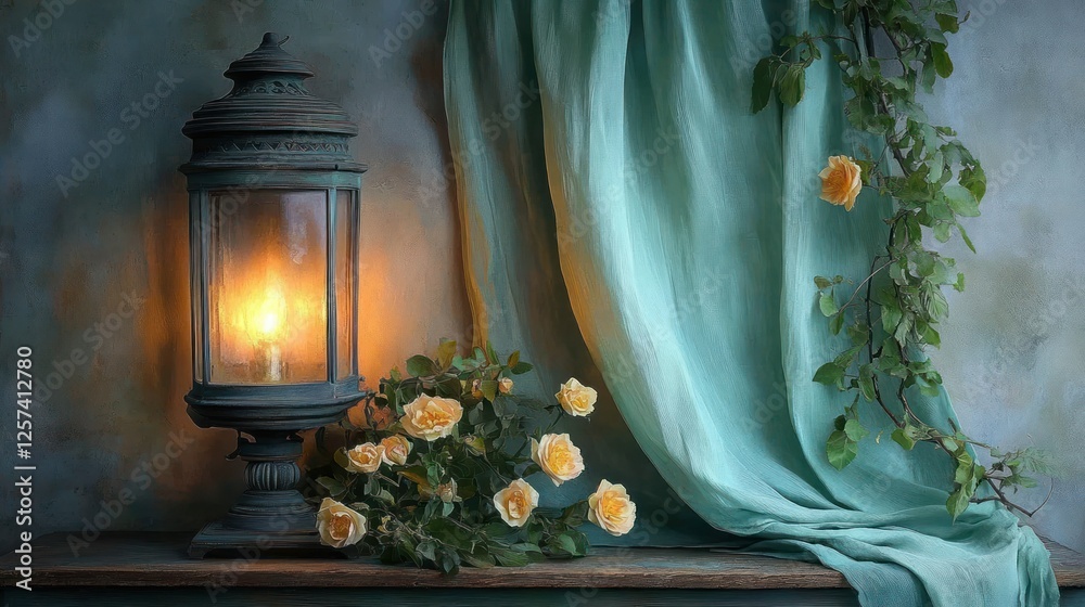Fototapeta premium Antique lantern, pastel roses, draped teal fabric, still life on wooden surface