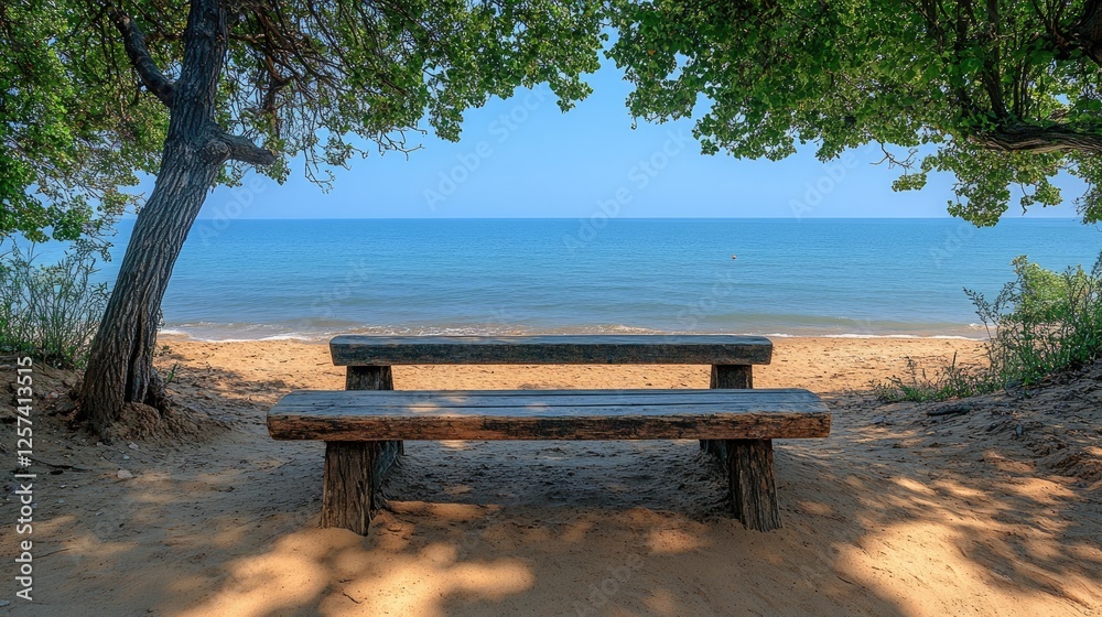 Rustic wooden bench sits on sandy beach, shaded by trees, overlooking calm ocean. Perfect for relaxation, travel, or peaceful nature concepts.