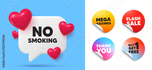 No smoking speech bubble, sticker tags. Get free, Flash sale stickers. No smoking tag. Stop smoke sign. Smoking ban symbol. Thank you tag. 3d hearts chat bubble. Vector