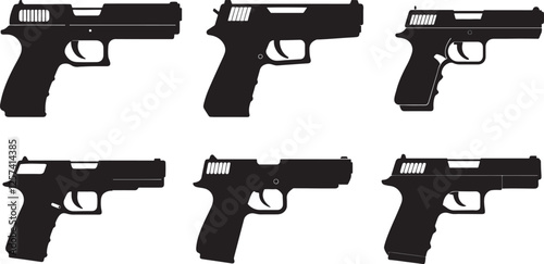 Set of Automatic Handgun Pistol silhouette, black and white silhouette, vector and illustration