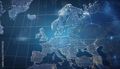 Tactical firefly map of Europe showcasing wireframe grid layout on a blue background for strategic planning and operations