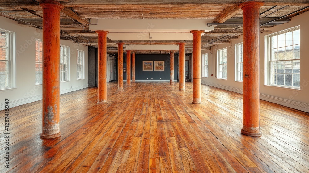 Fototapeta premium Vast industrial space with orange columns & rich wood floors. Ideal for concepts of architecture, restoration, or large venue events.