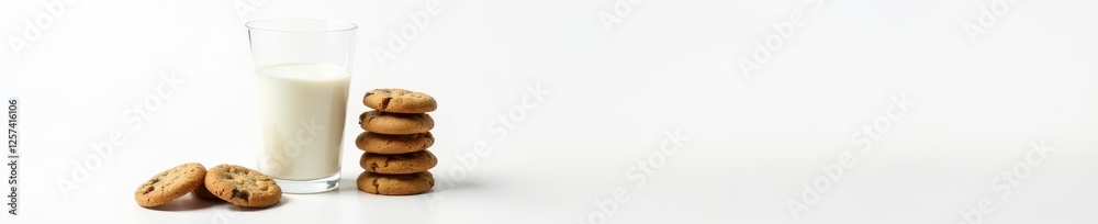 Glass of milk beside stack of cookies, white backdrop, butter, still life Glass of milk beside stack of cookies, white backdrop, butter, still life