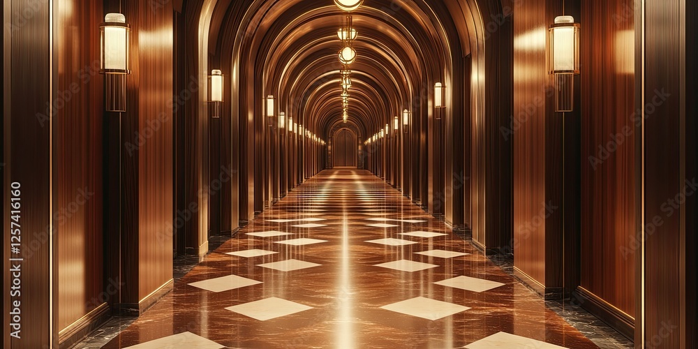 Fototapeta premium Elegant Hotel Corridor With Archways And Warm Lighting